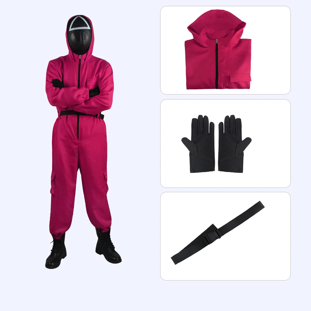 Adult Calamari Game Costume Guard Cosplay Jumpsuit Outfit Teenagers Tracksuit Hooded Overall Belt Gloves Mask Set Halloween