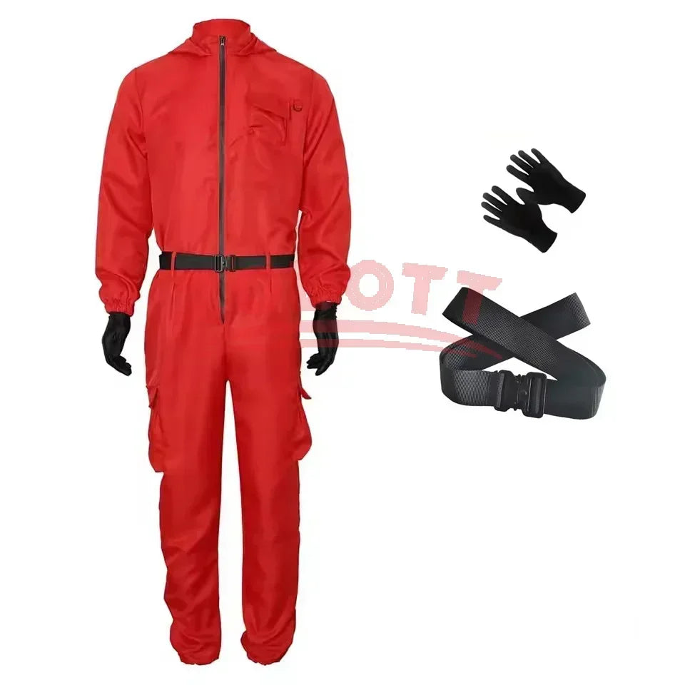 Adult Calamari Game Costume Guard Cosplay Jumpsuit Outfit Teenagers Tracksuit Hooded Overall Belt Gloves Mask Set Halloween