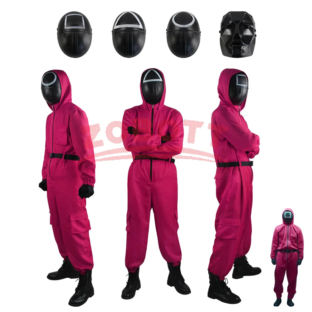 Adult Calamari Game Costume Guard Cosplay Jumpsuit Outfit Teenagers Tracksuit Hooded Overall Belt Gloves Mask Set Halloween