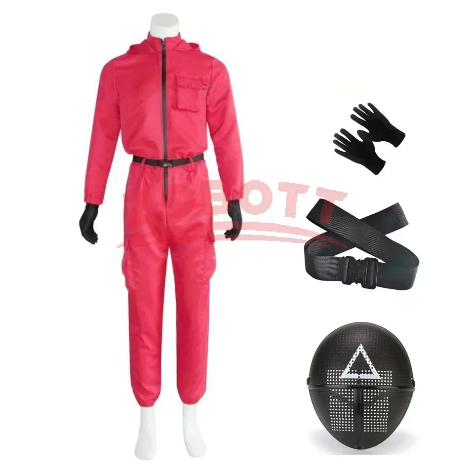Adult Calamari Game Costume Guard Cosplay Jumpsuit Outfit Teenagers Tracksuit Hooded Overall Belt Gloves Mask Set Halloween