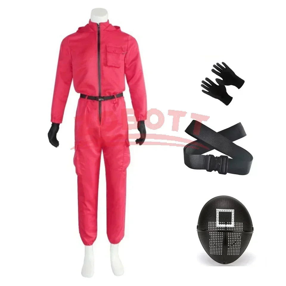 Adult Calamari Game Costume Guard Cosplay Jumpsuit Outfit Teenagers Tracksuit Hooded Overall Belt Gloves Mask Set Halloween