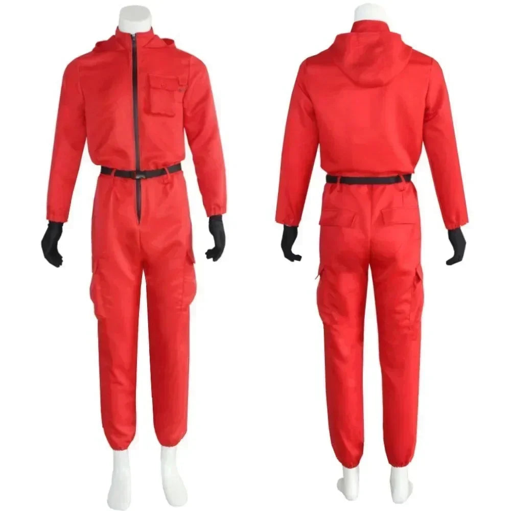 Adult Calamari Game Costume Guard Cosplay Jumpsuit Outfit Teenagers Tracksuit Hooded Overall Belt Gloves Mask Set Halloween