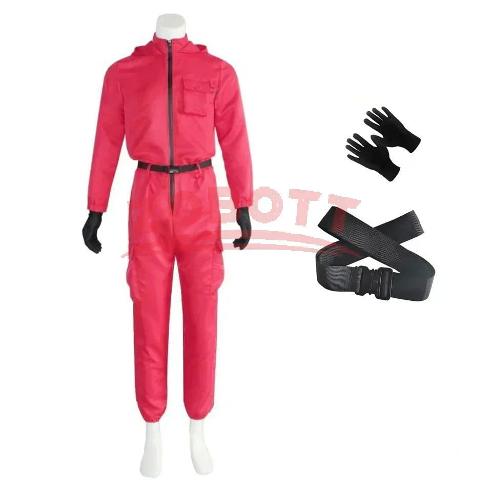 Adult Calamari Game Costume Guard Cosplay Jumpsuit Outfit Teenagers Tracksuit Hooded Overall Belt Gloves Mask Set Halloween