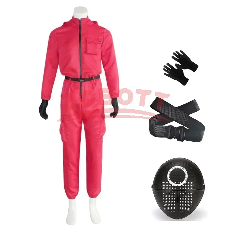 Adult Calamari Game Costume Guard Cosplay Jumpsuit Outfit Teenagers Tracksuit Hooded Overall Belt Gloves Mask Set Halloween