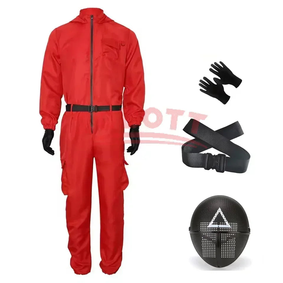 Adult Calamari Game Costume Guard Cosplay Jumpsuit Outfit Teenagers Tracksuit Hooded Overall Belt Gloves Mask Set Halloween